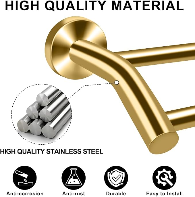 MGahyi Adjustable Double Towel Bar 14.5-24.8Inch, Matte Telescopic Stainless Steel Wall Mount Towel Holder, Rustproof Towel Rack for Bathroom Kitchen RV Laundry Hotel (Gold, Double-Bar)