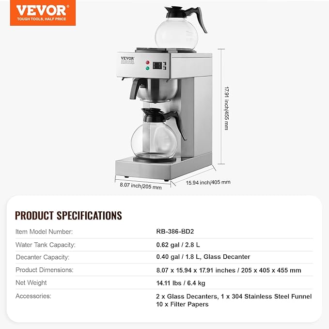 VEVOR 12 Cups Commercial Drip Coffee Maker, Coffee Maker Machine with 2 Glass Carafes and 2 Warmer Plates, Stainless Steel Pour Over Coffee Brewer for Restaurant, Office, Cafe