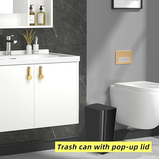 Compact Push-in Trash Can with Lid for Bathrooms, Kitchens, Living Rooms, Offices, Etc., Trash Can with Pop-Up Lid, 10 Liter/2.6 Gallon Slimline (Black)