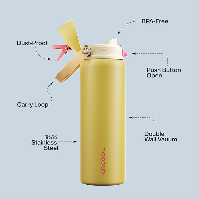 Insulated Water Bottle with Straw - Encool Stainless Steel Water Bottle with Push Button Lid, Leak-Proof & BPA-Free, Keeps Cold for 24 Hours for Sports, Travel, Gym (32 oz, Ginger)