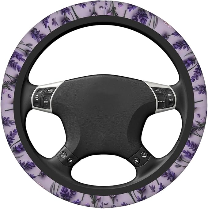 Car Steering Wheel Cover with Anti-Slip Lining, Universal 15 inch Wheel Cover, Fashion Car Interior Accessories for Women Men - Purple Lavender Flower