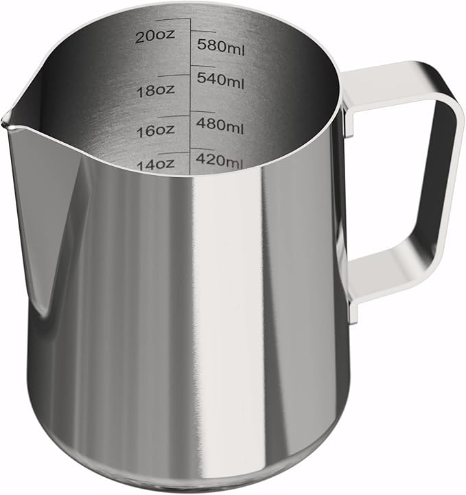 Milk Frothing Pitcher 20oz / 600ml – Stainless Steel Latte Art Pitcher with Measurement Marks, Barista Milk Frother Cup for Espresso, Cappuccino & Steaming Milk