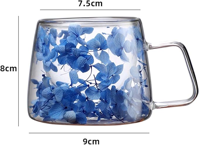 Generic Double Wall Insulated Glass Cup,Dried Flower Mug with Handle,Creative Transparent Coffee Cups,Gift for Women Mom Female (Blue)