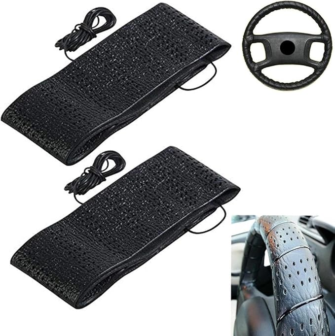 2 Black Lace-On Cover Grip Steering Wheel Stretch Vehicle Auto Classic Accessory, Variable