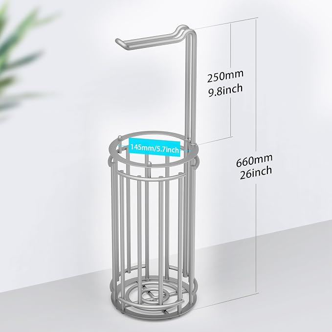 Meangood Toilet Paper Holder Stand and Tissue Paper Roll Dispenser for 4 Mega Rolls, Bathroom Free Standing Tissue Roll Storage Holder Rack, Detachable (Matte Silver)