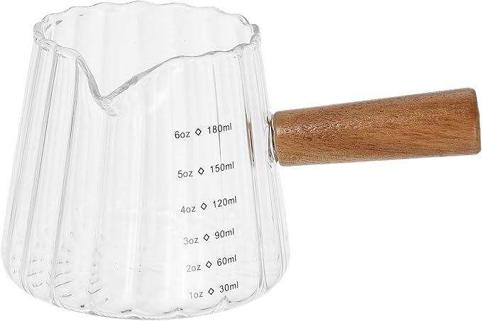 Kichvoe Espresso Shot Glass with Wood Handle - Glass Coffee Milk Creamer - Frothing Pitcher Creamer Jug, 180ML/6 OZ Pourer Baking Measuring Cup for Coffee Milk Tea Syrup