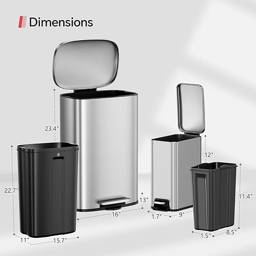 13 Gallon Trash Can (50L) and 1.6 Gallon (6L) Kitchen Trash Can Combo Set, Stainless Steel Garbage Can with Lid and Step-on Pedal, Soft Close Waste Bin with Inner Bucket for Home & Office