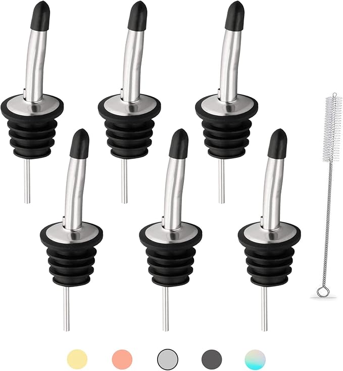 WAFJAMF 6 Pcs Liquor Pour Spouts Set, Stainless Steel Liquor Bottle Pourers with Rubber Dust Caps, for Pours Liquid, Olive Oil, Wine, Vinegar (Silver)