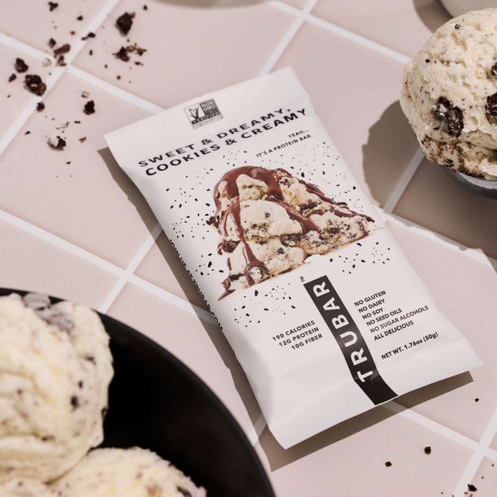 TRUBAR Vegan Protein Bar, Sweet & Dreamy Cookies and Creamy, Gluten Free, Plant Based Protein, Dairy Free, Non GMO, Soy Free, No Sugar Alcohols, 12G Protein, 12G Fiber, 23G Carb,Snack Bars, 12ct