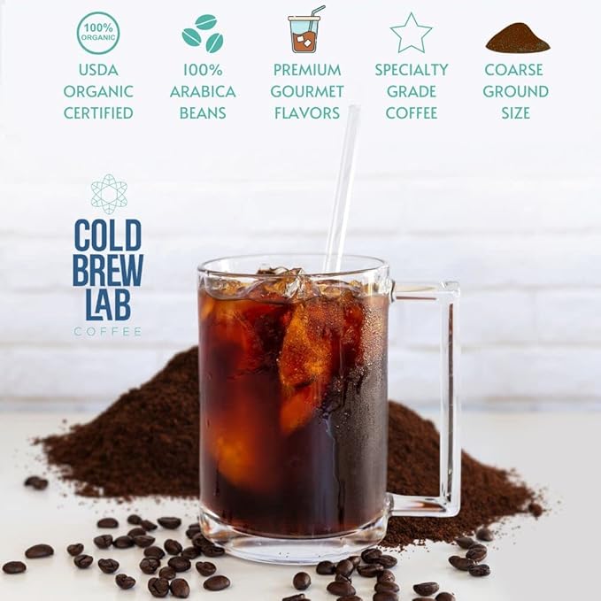 Cold Brew Organic Coarse Ground Flavored Coffee, Vanilla Flavor, Dark Roast, Colombian Supremo, Coarse Grind for Cold Brew Coffee & French Press,1 LB