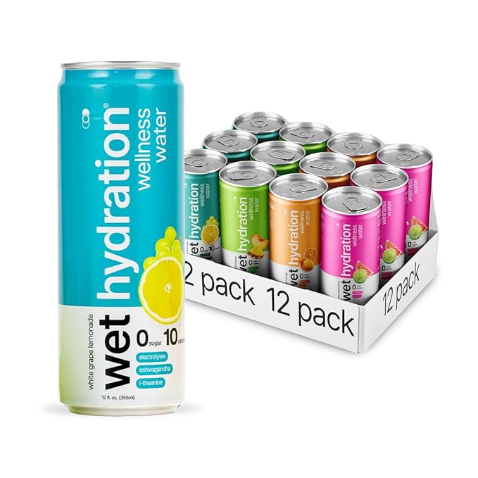 Wet Hydration, Zero Calorie, Functional Wellness Water - 4 Flavors Variety Pack (12 Ounce Cans, Pack of 12) - Flavored Water, Hydration Drink, No Sugar, No Artificial Ingredients, Zero Calories (Packaging May Vary)