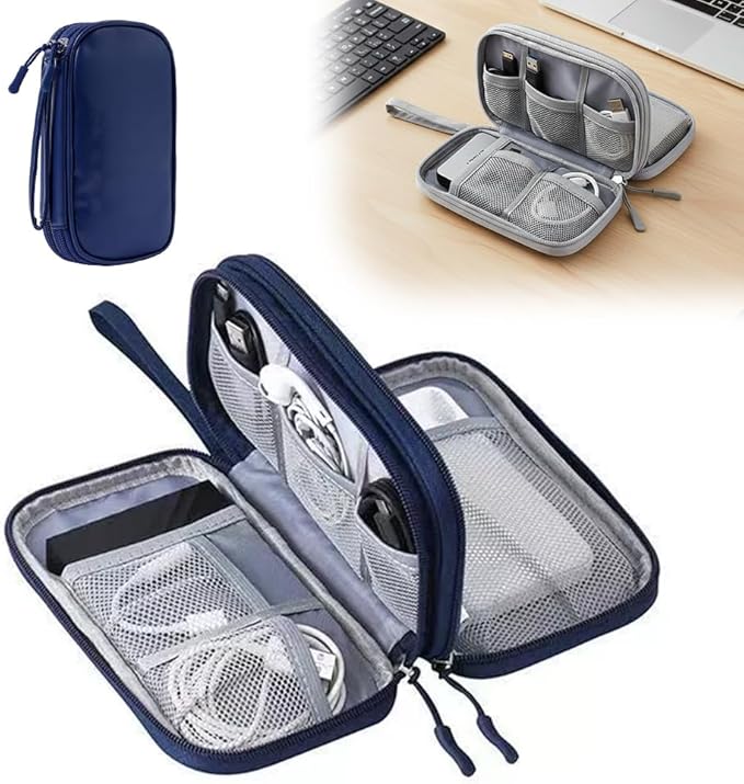 Travel Cable Organizer Pouch, 2026 Updated Cord Organizer Box, Double Layers Electronics Cable Organizer Box, All in One Cable Organizer Bag for Cable, Cord, Charger, Adapter, SD Card (Deep Blue)
