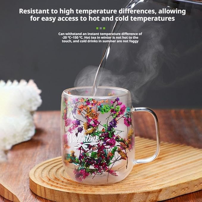 15.2Oz Double Glass Flower Tea Cup,Dried Flowers Insulated Glass Double Wall Coffee Mug With Handle,Transparent Doubles Glases Flower Tea Cup Latte Coffee Cups,Valentines Day Party Gifts
