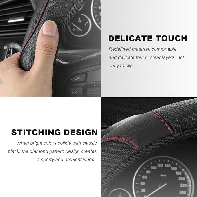 Car Steering Wheel Cover, 15 Inch Carbon Fiber Elastic Vehicle Steering Wheel Protector, Breathable Leather Auto Wheel Covers for Women Men, Interior Car Accessories (Black)