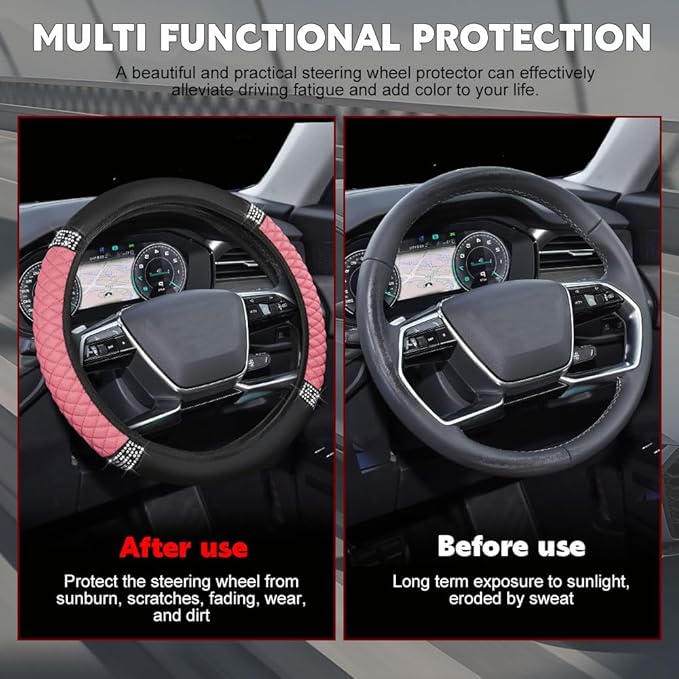 Car Steering Wheel Cover, Steering Wheel Accessories, Breathable Microfiber Leather Auto Wheels Protector, Universal 15 Inch Anti-Slip Protector for SUV Sedan Truck (Bling-Pink)