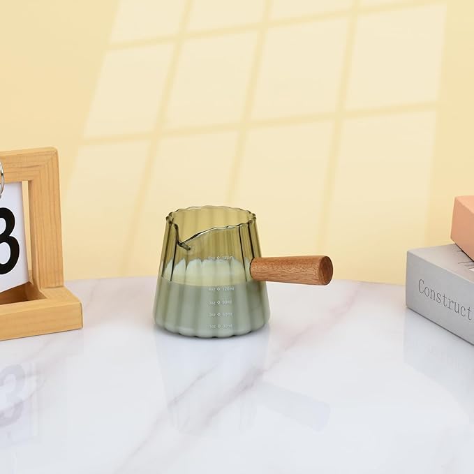 Glass Measuring Cup, 6oz Creamer Pitcher with Wood Handle, Creative Milk Frothing Pitcher Creamer Shot Glass (Gray）