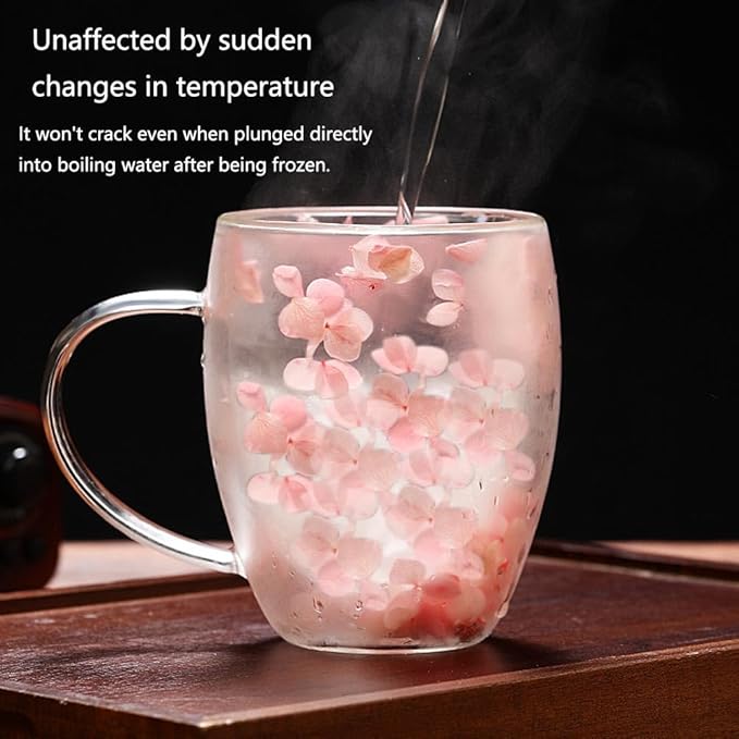 Double Wall Glass Coffee Mugs, 12 oz Clear Floral Insulated Glass Cups with Handle, Hand Blown Borosilicate Coffee Mug for Espresso, Cappuccino, Latte, Tea & Hot Beverages (Purple)