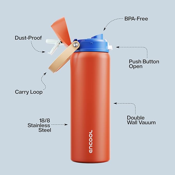 Insulated Water Bottle with Straw - Encool Stainless Steel Water Bottle with Push Button Lid, Leak-Proof & BPA-Free, Keeps Cold for 24 Hours for Sports, Travel, Gym (32 oz, Salmon)