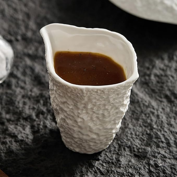 Rock Pattern Ceramic Gravy Boat, Small Capacity Ceramic Gravy Bowl, Handleless Creamer Pitcher with Dripless Lip, Suitable for Gravy, Sauce, Salad Dressing, Milk (White)