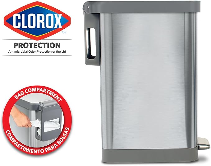Glad Slim Trash Can with Clorox Odor Protection - Narrow Kitchen Garbage Bin with Soft Close Lid, Step On Foot Pedal and Waste Bag Roll Holder, All Stainless, 12 Gallon/45 Liter