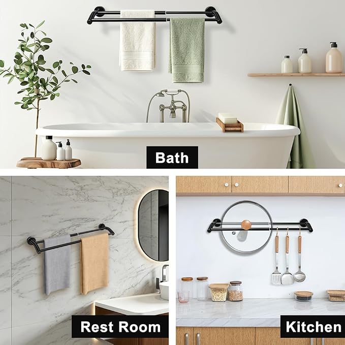 MGahyi Adjustable Double Towel Bar 14.5-24.8Inch, Matte Telescopic Stainless Steel Wall Mount Towel Holder, Rustproof Towel Rack for Bathroom Kitchen RV Laundry Hotel (Black, Double-Bar)