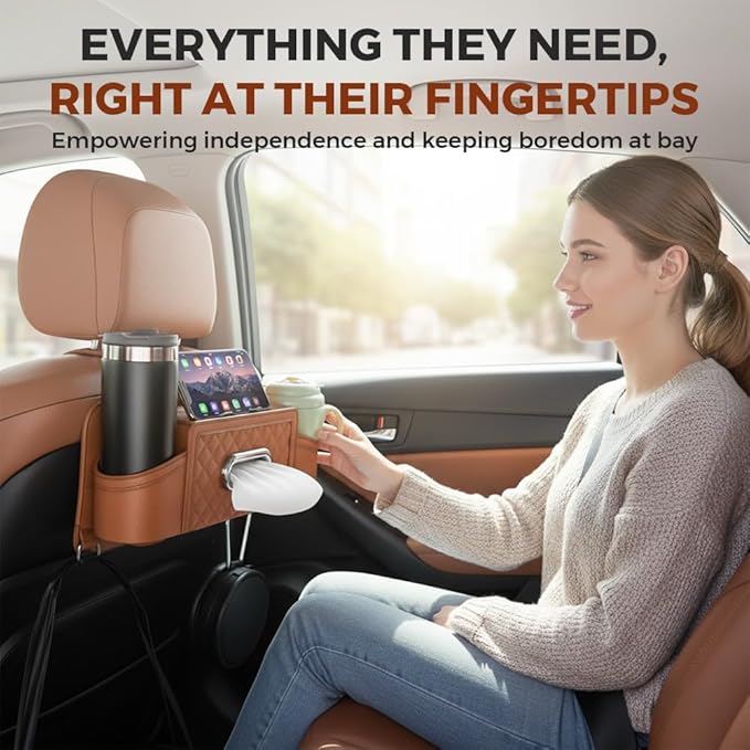 3-in-1 Car Backseat Organizer with Cup Holder Tissue Box and Hooks, Multifunctional Car Seat Back Storage Box, Car Organizers and Storage Box for Travel SUV Sedan Truck Car Accessories (Orange)