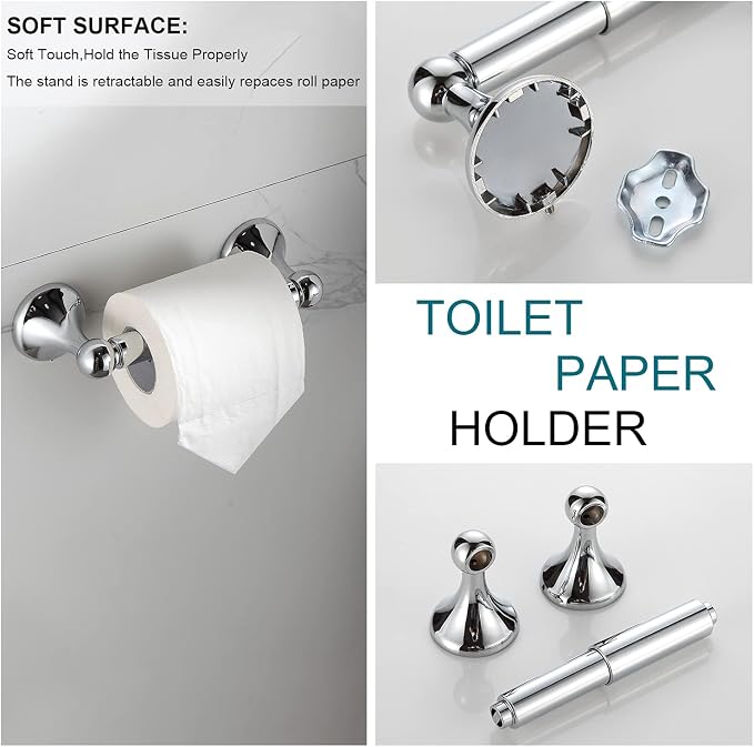 BGL Bathroom Hardware Set, Chrome Adjustable Expandable Towel Bar 4-Piece Bathroom Accessory Set Wall Mounted Robe Hook Toilet Paper Holder Towel Ring Towel Bar