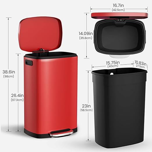 ELPHECO LPHECO Kitchen Trash Can with Lid Soft Close, 13 Gallon / 50L Stainless Steel Pedal Garbage Can, Heavy-Duty Step Wastebasket with 20 Bags, Removable Bucket, Home Office, Kitchen, Scarlet Red
