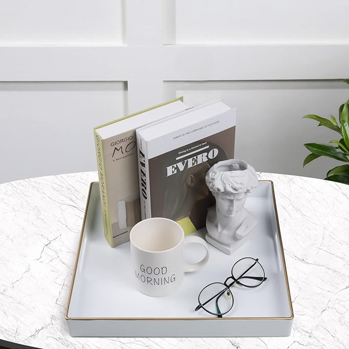 MAONAME 13" Decorative Tray, White Serving Tray with Handles, Coffee Table Trays, Square Plastic Trays for Ottoman, Bathroom, Kitchen