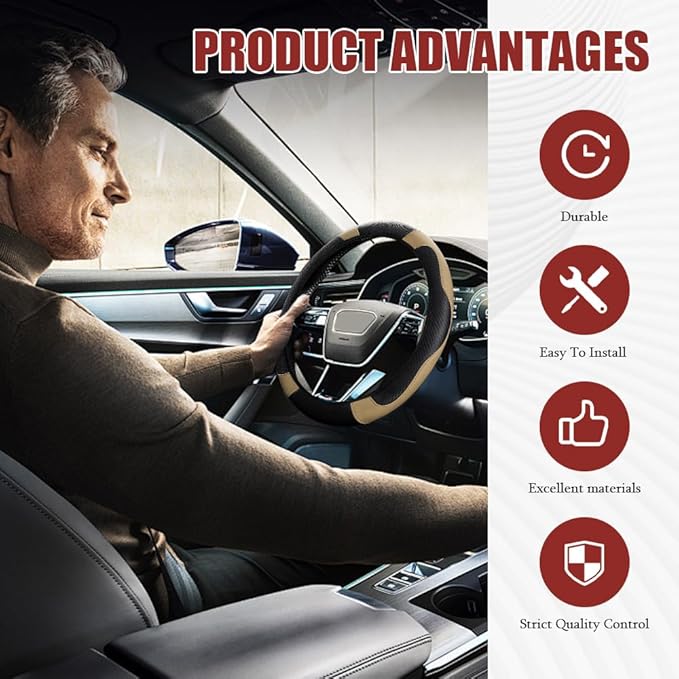 Car Steering Wheel Cover, Steering Wheel Protector, Universal 14.5-15 Inch Microfiber Leather Breathable Auto Steering Wheel Covers, Carbon Fiber Steering Wheel Cover for Women Men (Beige)