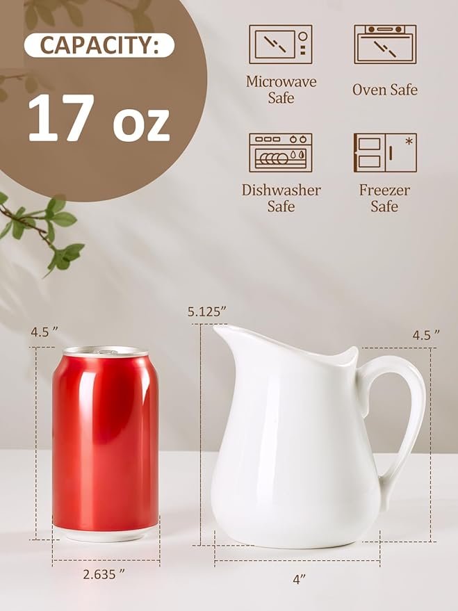 Yedio 17 oz Porcelain Milk Creamer Pitcher with Handle, White Creamer, Microwave & Freezer Safe
