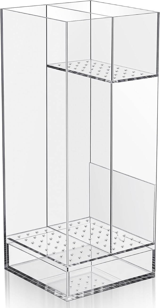 Leinuosen 9 x 9 x 22 Inch Clear Acrylic Umbrella Stand Organizer, Thick Freestanding Entryway Umbrella Holder with Long and Short Compartments, Modern Storage Rack for Home, Office and Lobby