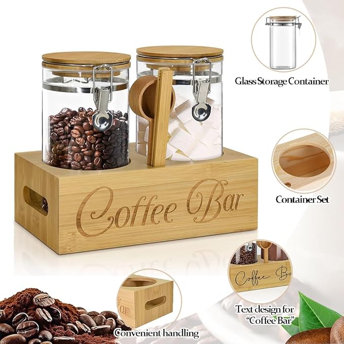 Glass Coffee Containers with Shelf & Scoop, 2 Pcs 48OZ Coffee Storage Jars with Airtight Lid for Coffee Beans, Nuts, Snack, Sugar, Tea, Wood color