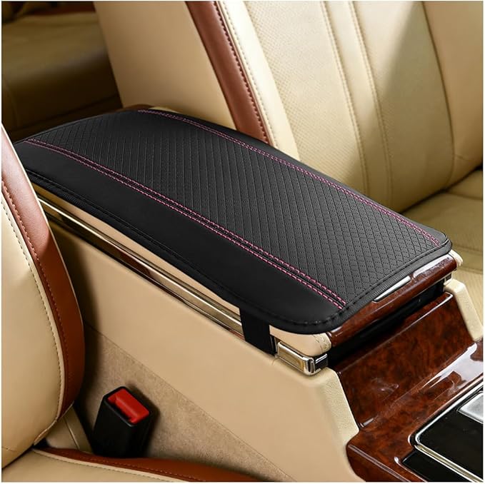 Car Center Console Cover, PU Leather Vehicle Armrest Seat Box Cover Protector, Comfortable Automotive Interior Arm Rest Cushion Pad Accessories, Universal for SUV Sedan Truck (Black/Pink)