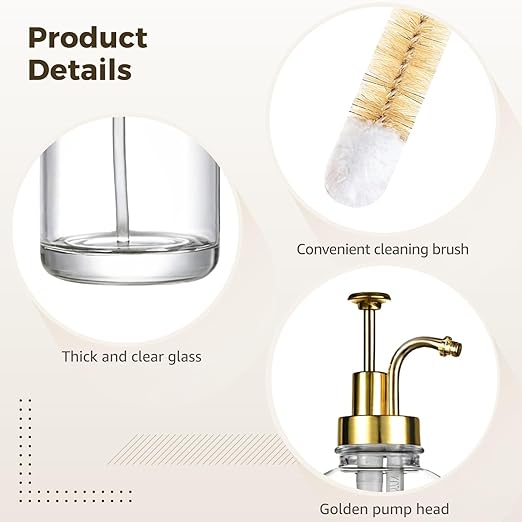 2Pcs Coffee Syrup Dispenser with Pump, 8.66 in/22 cm, 2 Gold Pumps, Includes 2 Labels, 1 Brush and 1 Funnel,Syrup Bottles for Coffee Bar,Syrup Container Dispenser,Homemade Syrup Set