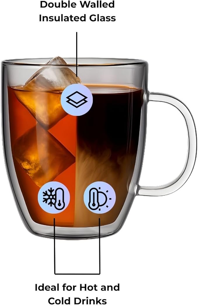 Lucco Double Walled Glass Coffee Mugs (Set of 4) - 12 oz Borosilicate Cups for Hot or Cold Drinks, Insulated Latte, Tea & Espresso Cups