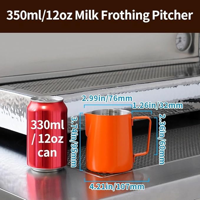 watchget Stainless Steel Milk Frothing Pitcher 12oz/350ml - Espresso Steaming Pitcher for Cappuccino, Latte Art, Coffee Machine Accessories Milk Jug Coffee Frother Cup, Orange