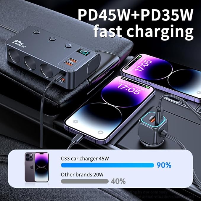 226W Car Charger Cigarette Lighter Splitter, 9-in-1 Multi-Port Car Power Adapter with 3 Sockets, Dual PD USB-C, 4 USB Ports, LED Voltmeter, Fast Charging for 12V–24V Vehicles