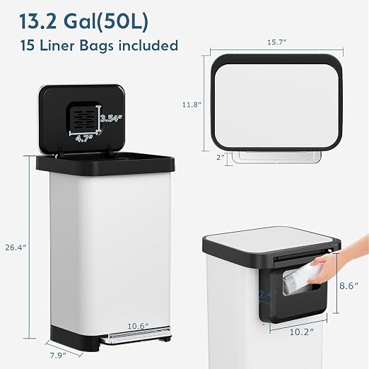 Arlopu 50L/13.2Gal Stainless Steel Trash Can W/15 Inner Bags & Rear Trash Bag Storage Compartment, Kitchen Step Trash Can with Lid & Built-in Deodorizer Box, Garbage Bin W/Foot Pedal (White)
