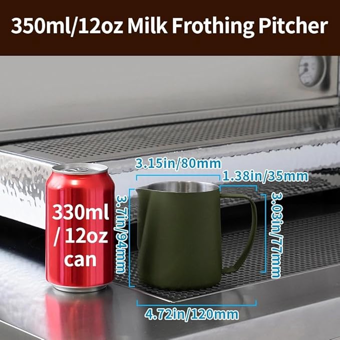 watchget Stainless Steel Milk Frothing Pitcher 12oz/350ml - Espresso Steaming Pitcher for Cappuccino, Latte Art, Coffee Machine Accessories Milk Jug Coffee Frother Cup, Matte Green