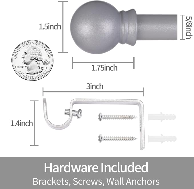 Thestoa Curtain Rods for Windows 30-46 inch, 5/8" Brushed Nickel Curtain Rod, Stainless Steel Small Curtain Rods for Bedroom, Living Room, Farmhouse, Outdoor Curtain Rod Silver