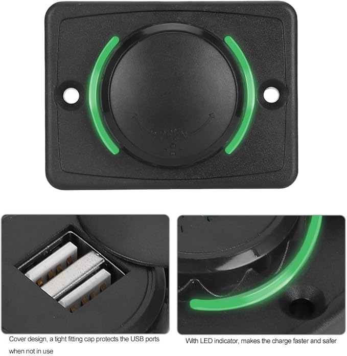 Car Dual USB Port Socket, 3.1A DC12V/24V Portable Mini Power Charger Socket with LED Indicator for High End Large Scale Vehicles Such as Ships, Yachts, RVs, Buses(Green)