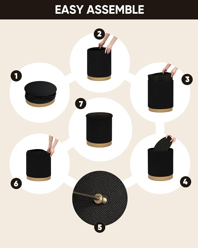 B FSOBEIIALEO Ottoman with Stroage, Round Boucle Storage Ottoman with Gold Plating Base,Foot Rest Stool for Dorm Room, Living Room Black, 14.76"x14.76"x16.34"