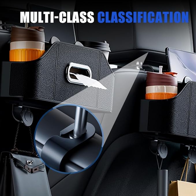 Multifunctional Car Back Seat Storage Organize with Tissue Holder, 2 Cup Holders and Purse Hooks, For Phones, Snacks, Drinks, Bags, Travel Storage (Beige)