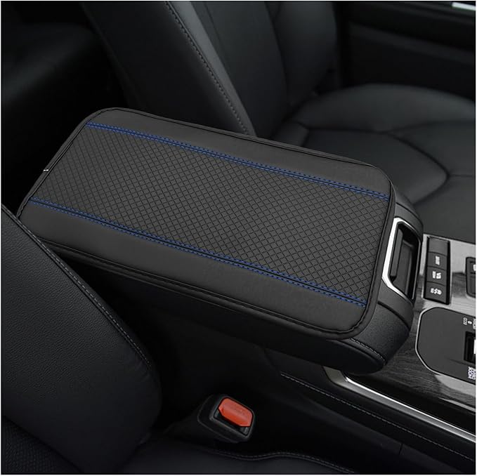 Car Armrest Storage Box Mat, Leather Embossing Auto Center Console Cushion Protective Pad, Anti-Scratch Waterproof Armrest Seat Box Protector for Most Cars Trucks SUVs (Black & Blue)