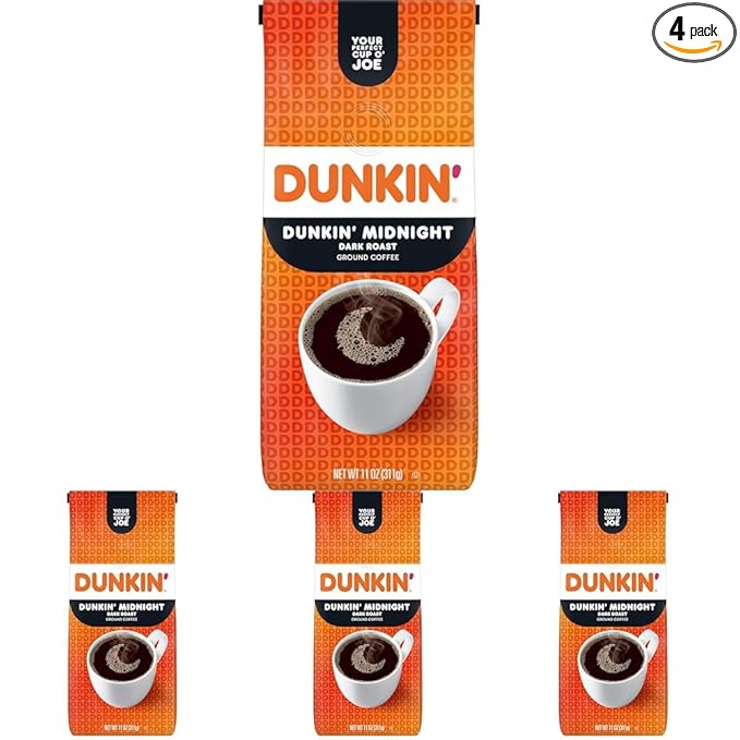 Dunkin’ Midnight Dark Roast Ground Coffee, 11 Ounce (Pack of 4)