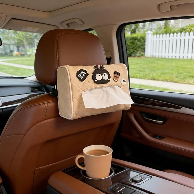 UNICOLD Tissue Boxes Holder Car Sun Visor or Vehicle Backseat Tissue Holder Car Napkin Holder for PU Leather Universal Car Paper Towel Holder Tissue Organizer Bag (Beige1)