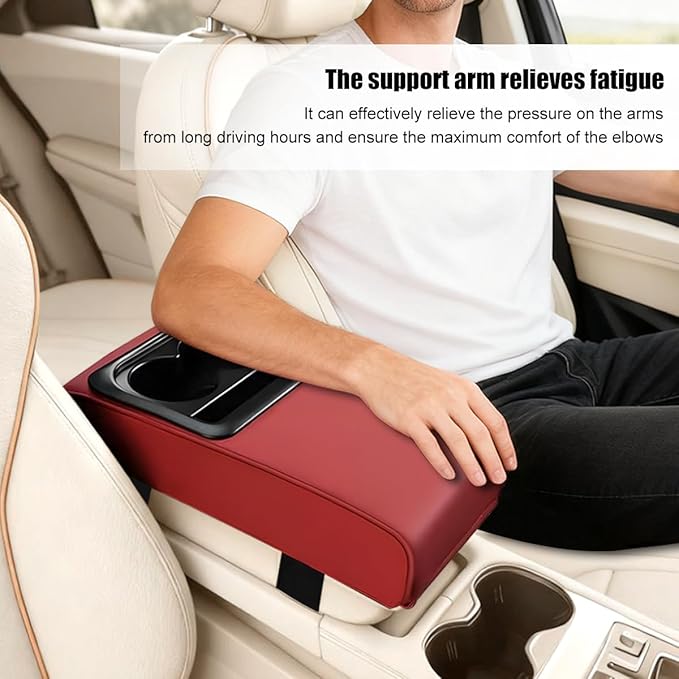 Car Center Console Armrest Pillow, Leather Vehicle Middle Console Protection Cushion with Cup & Phone Holder, Waterproof Automotive Arm Rest Box Cover Accessories, Universal Fit (Wine Red)