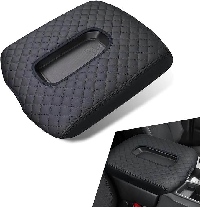 Car Center Console Cover, Leather Embroidery Car Armrest Cover Cushion, Original Size Jump Seat Console Armrest Cover with Straps, Armrest Protector for 2019-2024 Chevy Silverado (Black)