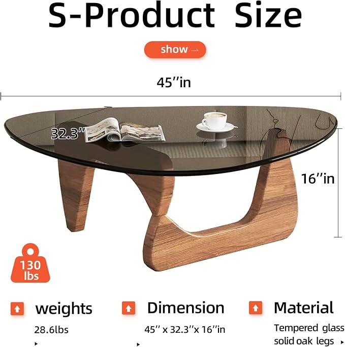 Glass Coffee Table, Mid Century Modern Coffee Table, Coffee Table for Living Room Center Table Suitable for Bedroom Living Room Reception Office Tables (Walnut/Grey, Large)